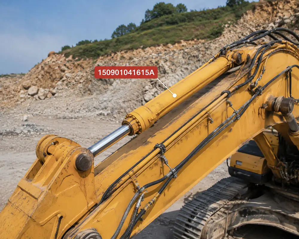 Detailed view of Sany excavator boom cylinder showing the part number label 150901041615A for maintenance and parts selection.