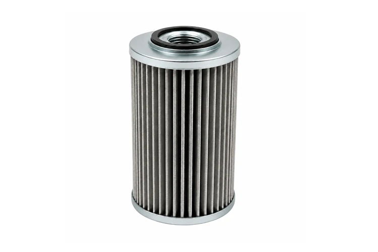 Genuine OEM fuel filter element for mining excavators showing robust pleated media and metal endcaps.
