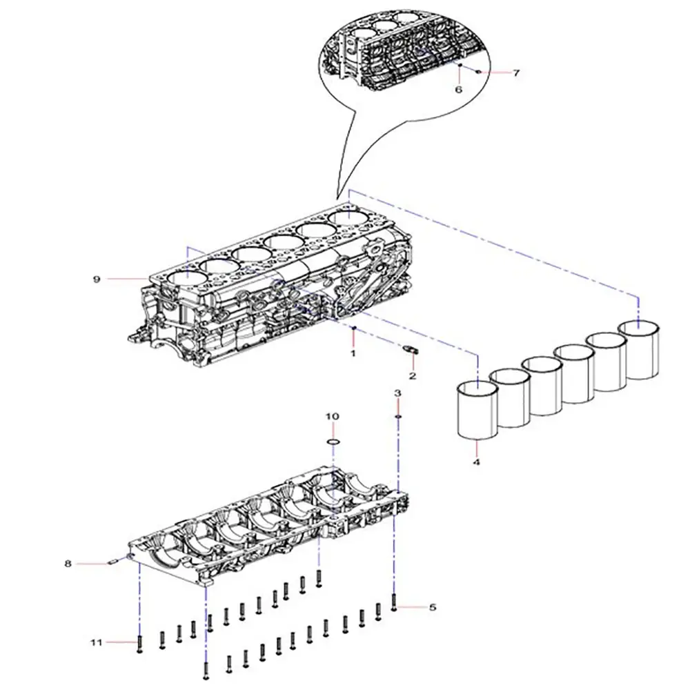 Exploded view of SANY SAT40C engine body assembly showing cylinder liners, engine block, and main bearing bolts for maintenance.