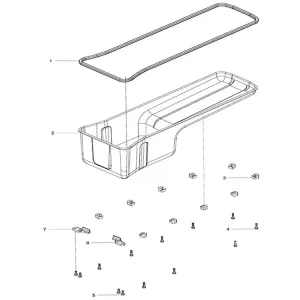 An exploded view diagram of the oil pan combination group for Sany SAT40C, showing the main housing, gasket, and mounting hardware for engine maintenance.