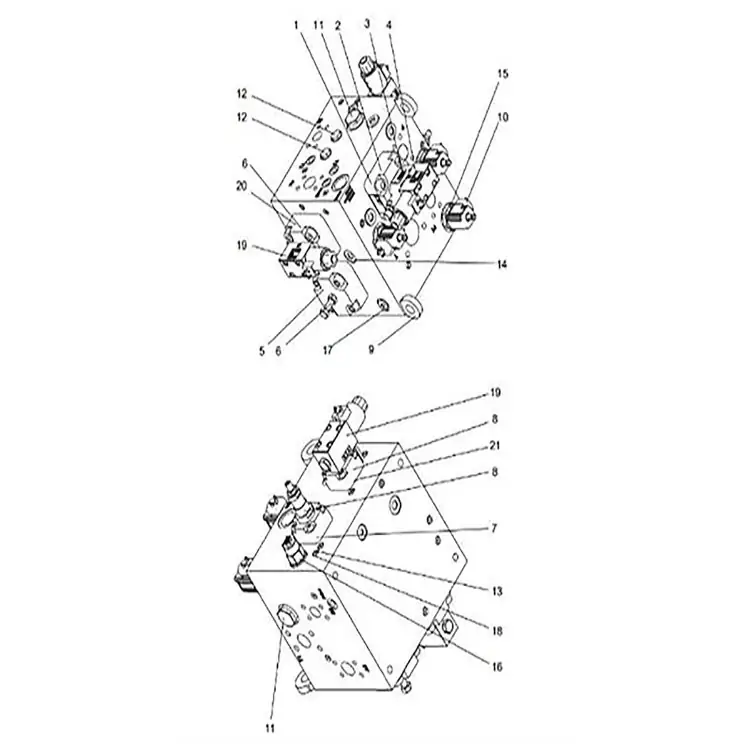 Exploded view of the hydraulic manifold and components related to XCMG XDE130 damper part number 803280233