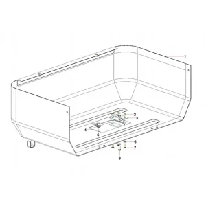 Technical diagram of an excavator radiator cooling system assembly, illustrating the components and protective cover for heavy machinery maintenance.