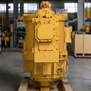 A yellow heavy-duty planetary transmission assembly for mining machinery sitting on a wooden pallet in a workshop.