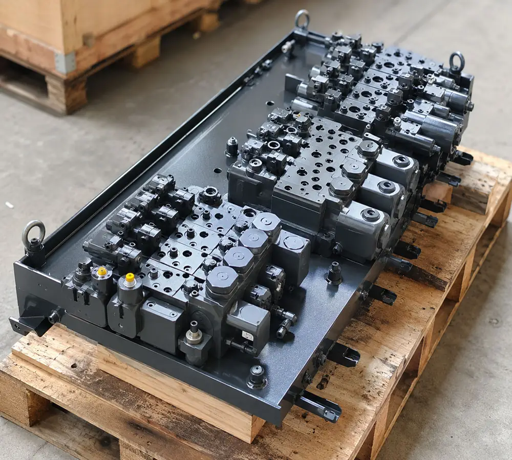 Close-up of the 804001694 hydraulic control valve showing port configurations and valve sections for XCMG XE2000 maintenance.