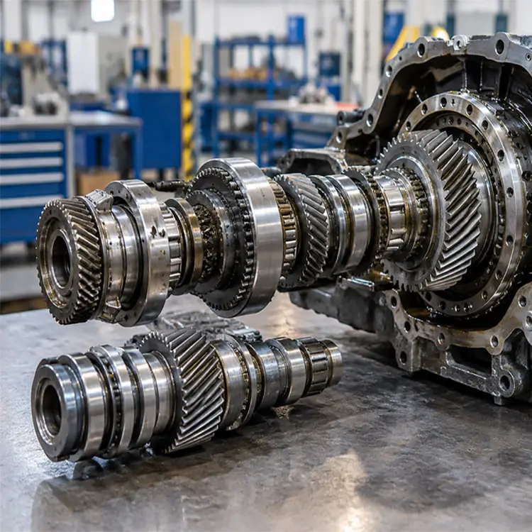 Heavy equipment transmission gearbox assembly with gear shafts, bearings, and housing for torque and reduction selection