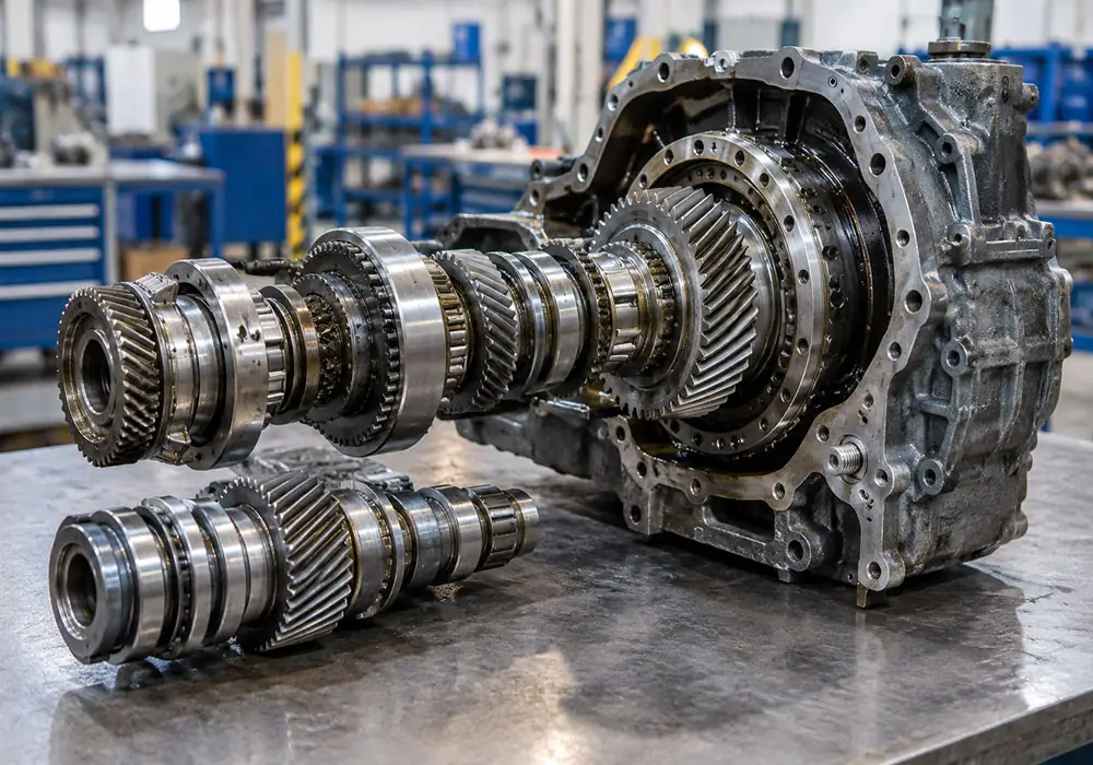 Disassembled heavy machinery transmission gear shafts with helical gears and roller bearings laid next to the gearbox casing